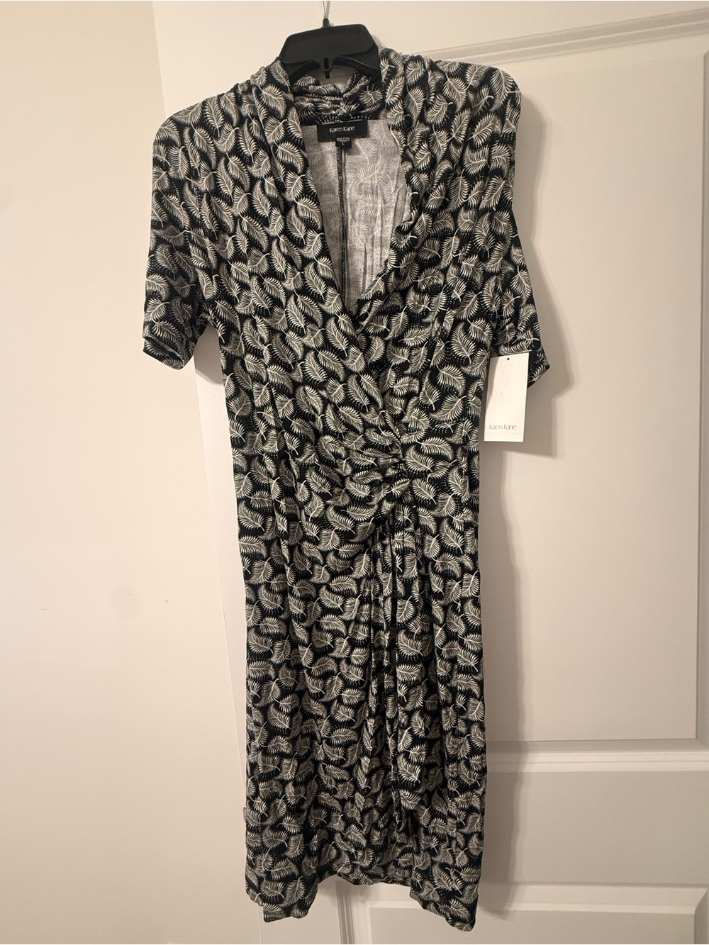 Karen Kane Black & White Leaf-Print Wrap Dress